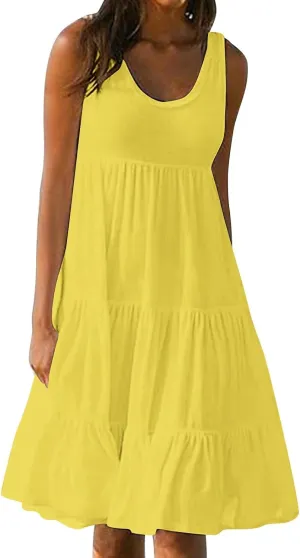 Women Summer Dresses Plus Size Casual Sleeveless Boho Midi Dress Crewneck Ruffle Tiered Swing Beach Vacation Dress