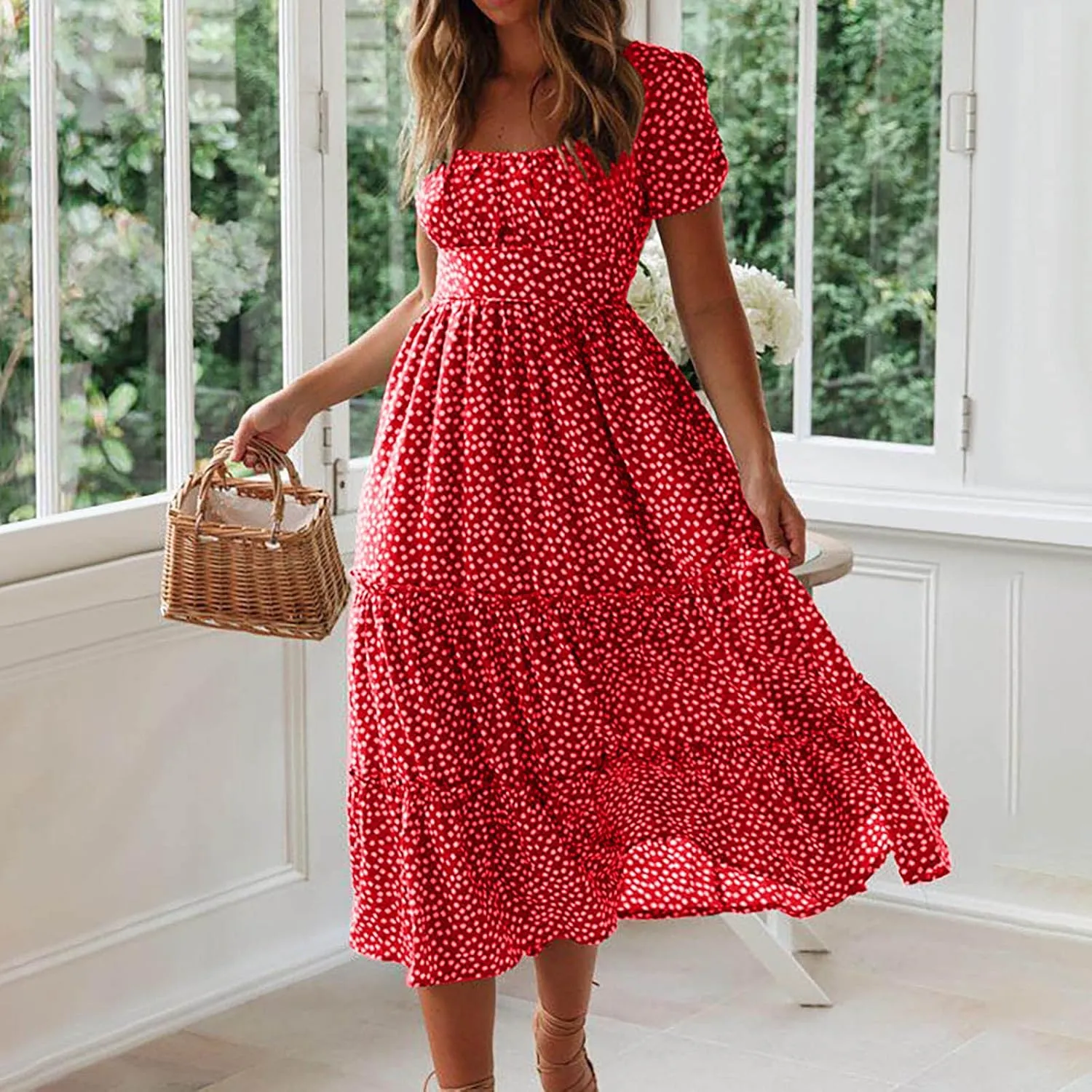 Women Summer Dresses Short Sleeve Square Neck Puff Dress High Waist Smocked A-Line Flowy Tiered Beach Maxi Dress