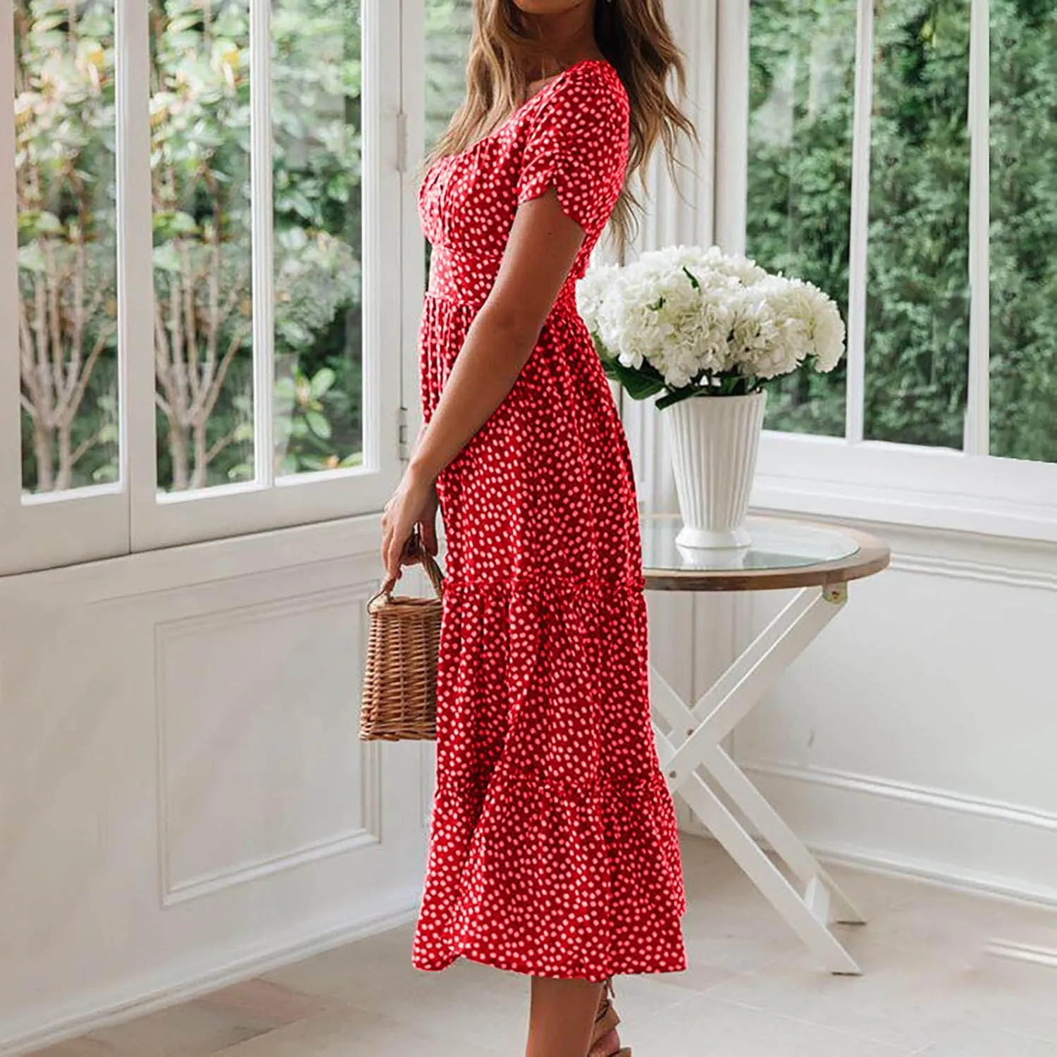 Women Summer Dresses Short Sleeve Square Neck Puff Dress High Waist Smocked A-Line Flowy Tiered Beach Maxi Dress