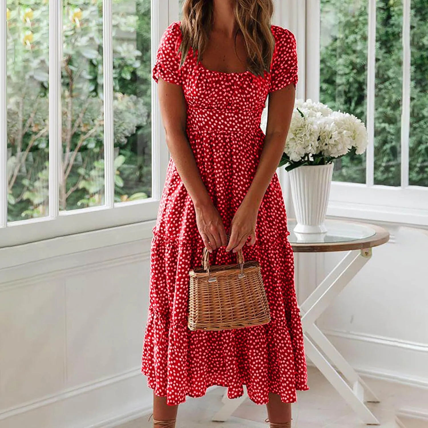Women Summer Dresses Short Sleeve Square Neck Puff Dress High Waist Smocked A-Line Flowy Tiered Beach Maxi Dress