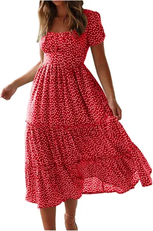 Women Summer Dresses Short Sleeve Square Neck Puff Dress High Waist Smocked A-Line Flowy Tiered Beach Maxi Dress