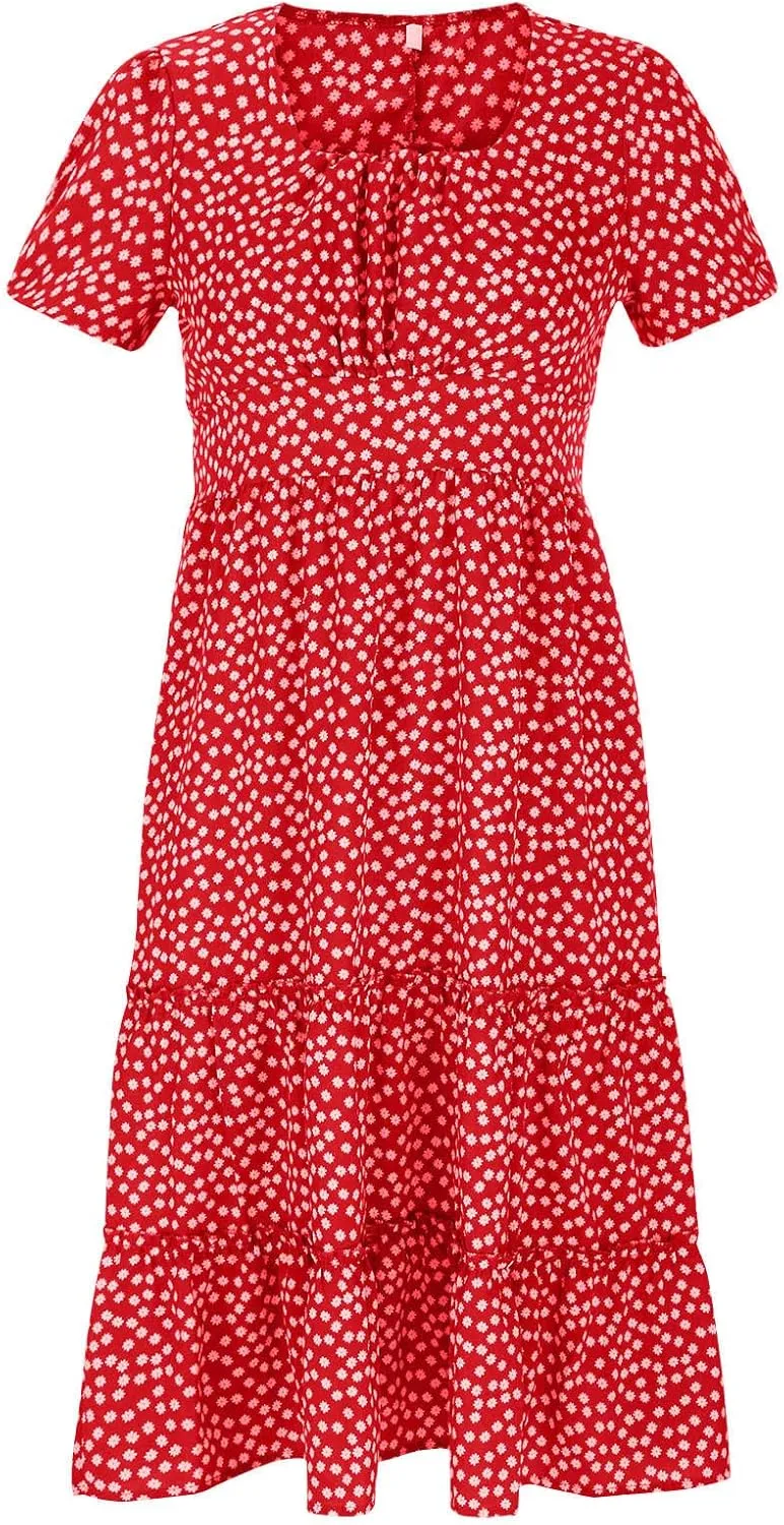 Women Summer Dresses Short Sleeve Square Neck Puff Dress High Waist Smocked A-Line Flowy Tiered Beach Maxi Dress