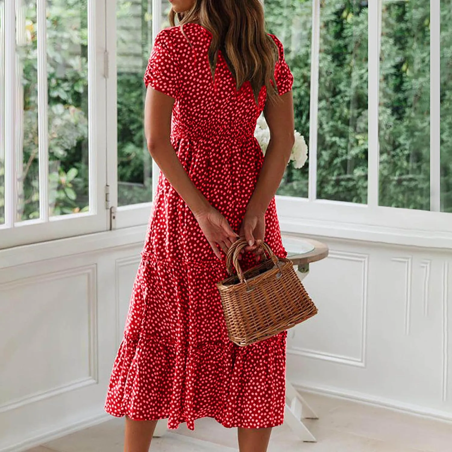 Women Summer Dresses Short Sleeve Square Neck Puff Dress High Waist Smocked A-Line Flowy Tiered Beach Maxi Dress
