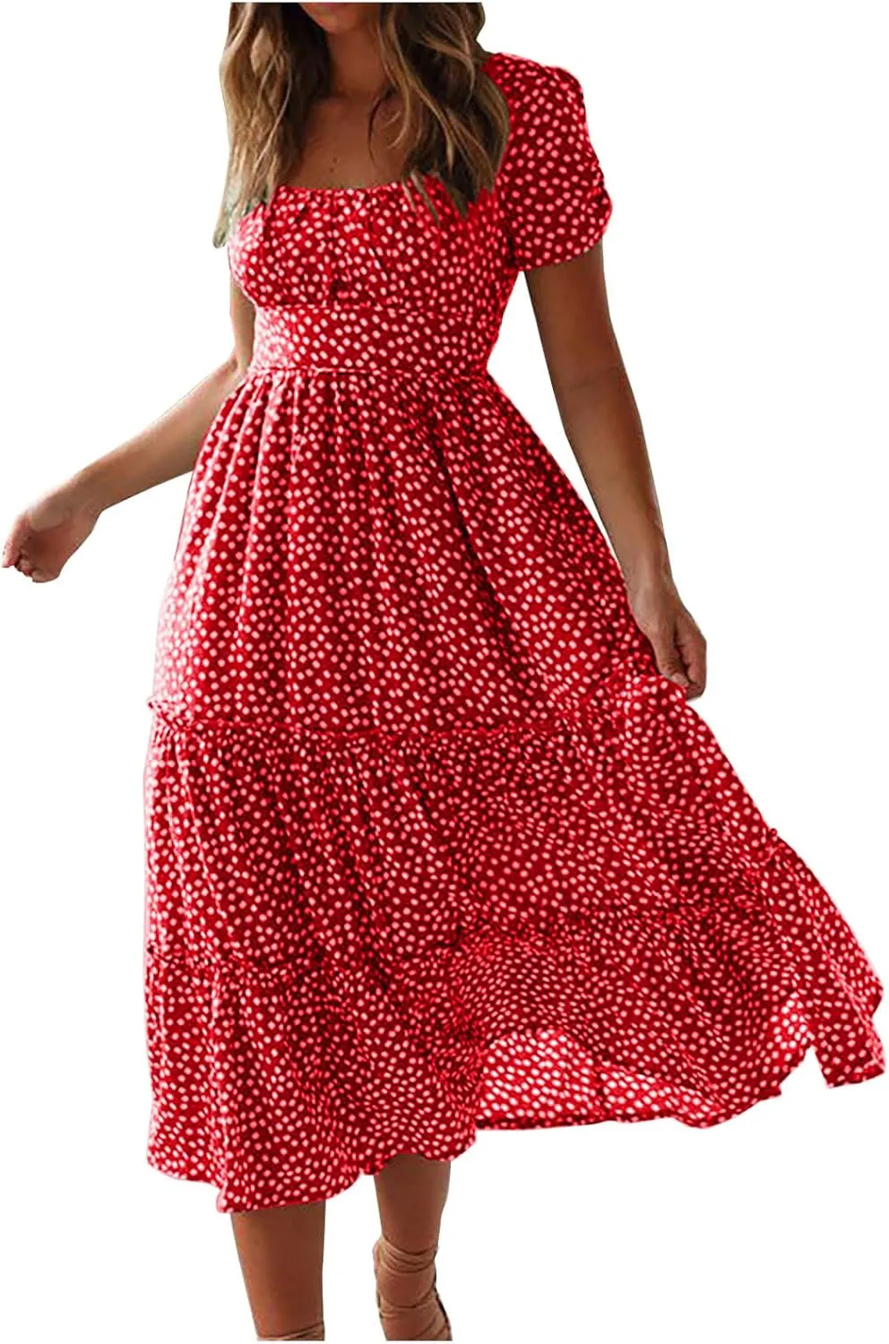 Women Summer Dresses Short Sleeve Square Neck Puff Dress High Waist Smocked A-Line Flowy Tiered Beach Maxi Dress