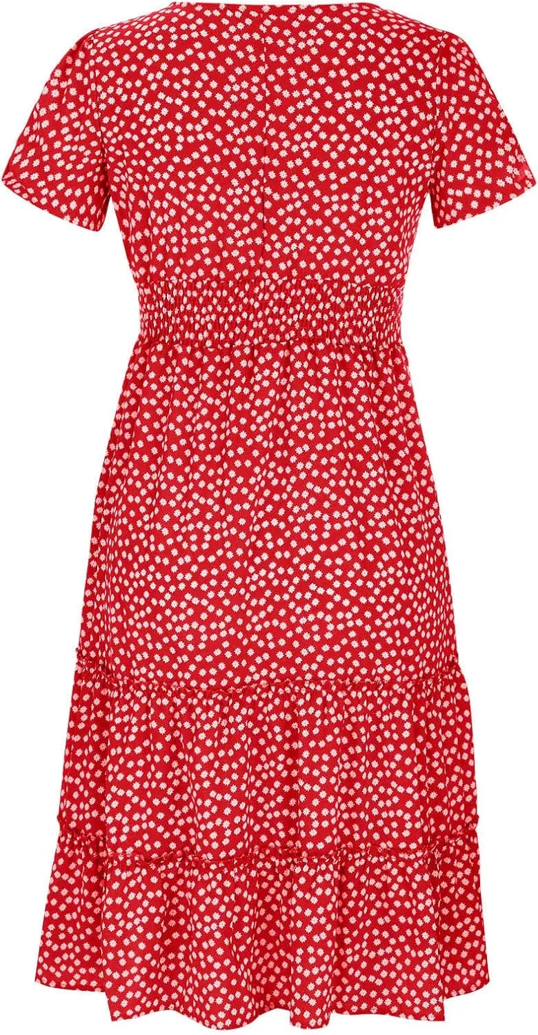 Women Summer Dresses Short Sleeve Square Neck Puff Dress High Waist Smocked A-Line Flowy Tiered Beach Maxi Dress
