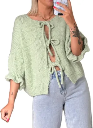 Women Trendy Bow Tie Sweater Cardigans Solid Color Puff Sleeve Loose Chunky Knited Jacket Open Front Knitwear