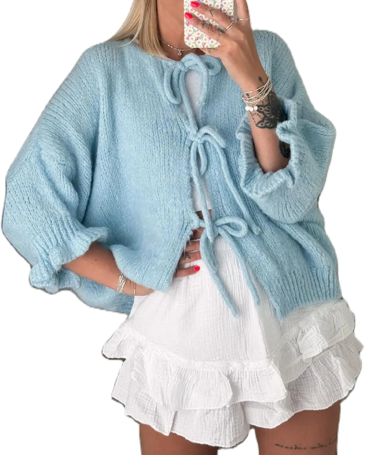 Women Trendy Bow Tie Sweater Cardigans Solid Color Puff Sleeve Loose Chunky Knited Jacket Open Front Knitwear