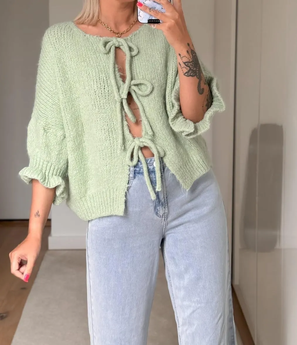 Women Trendy Bow Tie Sweater Cardigans Solid Color Puff Sleeve Loose Chunky Knited Jacket Open Front Knitwear