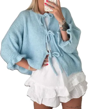 Women Trendy Bow Tie Sweater Cardigans Solid Color Puff Sleeve Loose Chunky Knited Jacket Open Front Knitwear