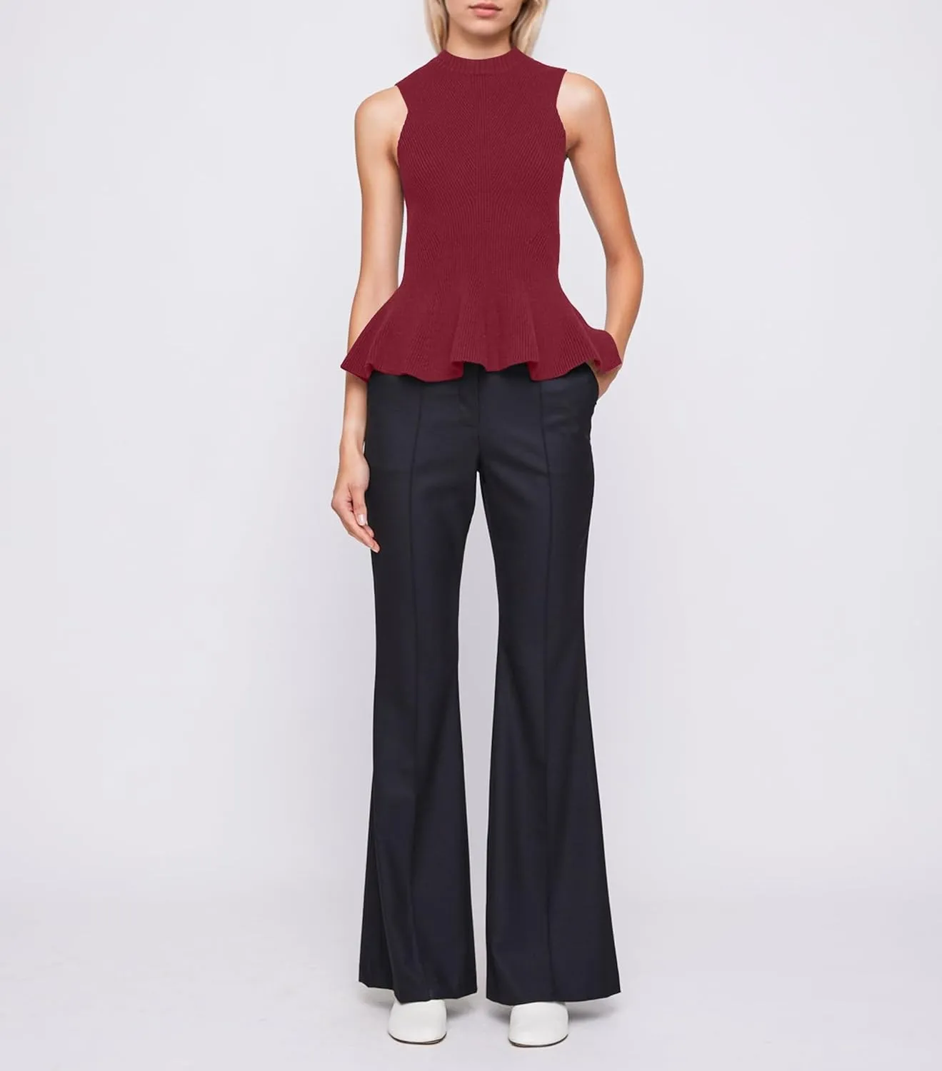 Women Turtleneck Peplum Tank Tops Ribbed Knit Sweater Vests Sleeveless Ruffle Tank Tops Mock Neck Fitted Shirts Tops