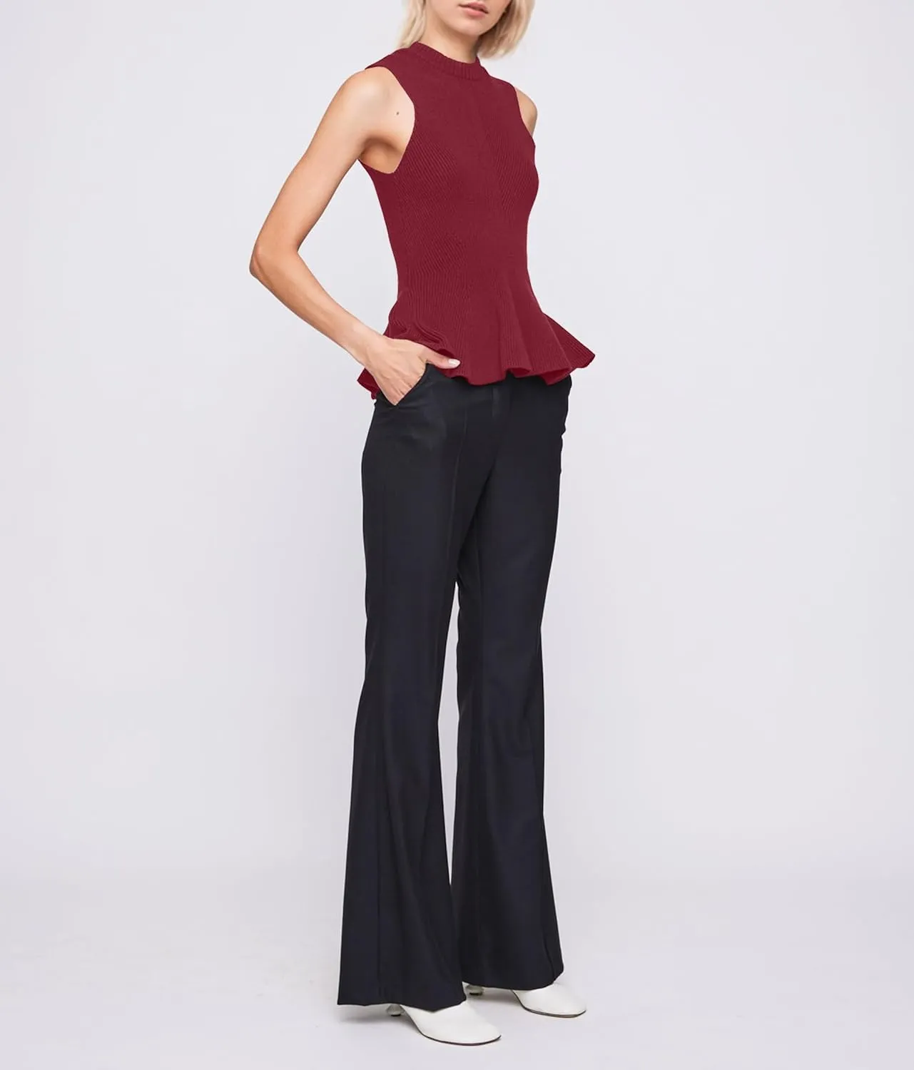 Women Turtleneck Peplum Tank Tops Ribbed Knit Sweater Vests Sleeveless Ruffle Tank Tops Mock Neck Fitted Shirts Tops