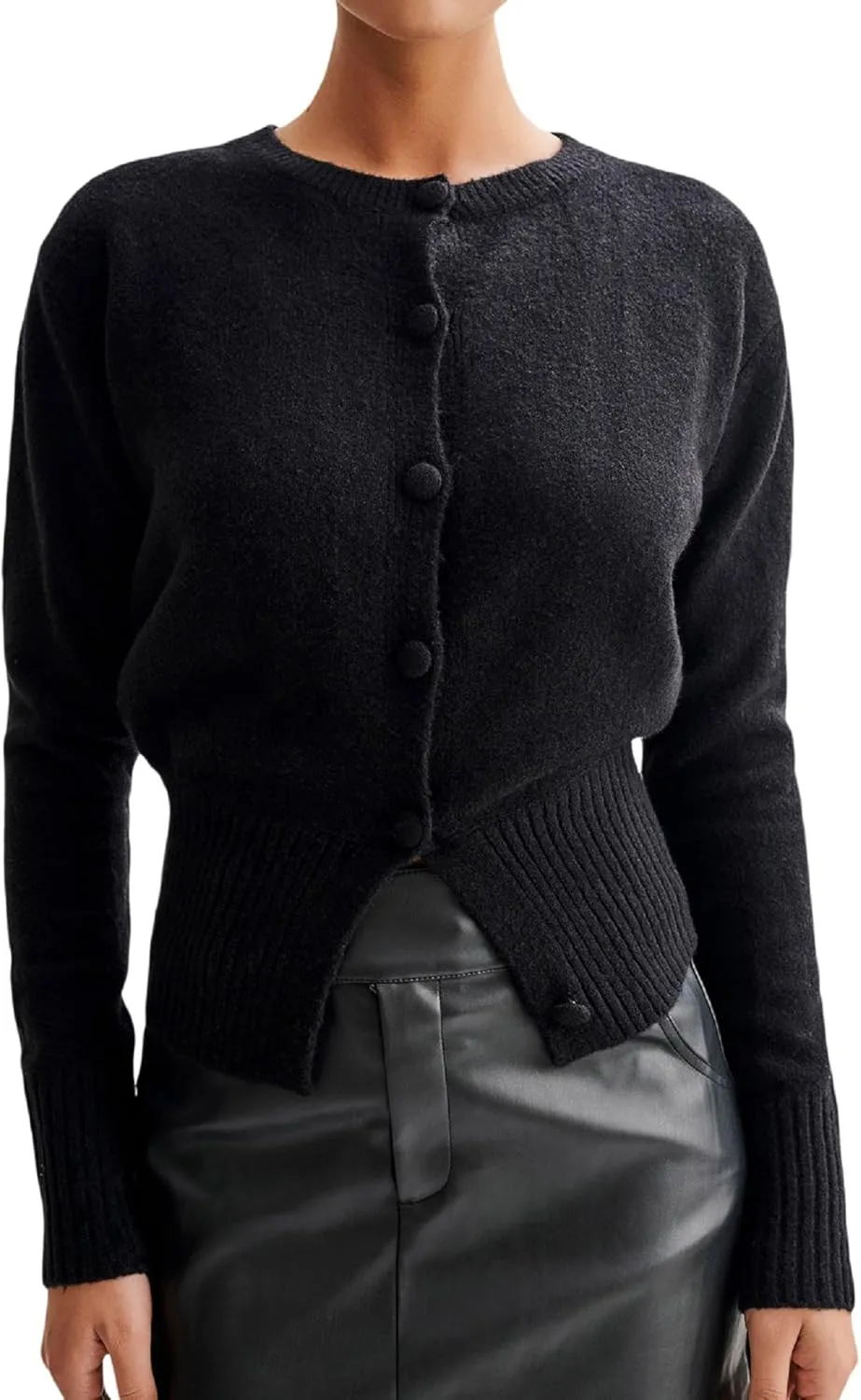 Women Y2k Open Front Sweater Long Sleeve Crewneck Crop Cardigan Cute Button Down Knit Pullover Tops Streetwear