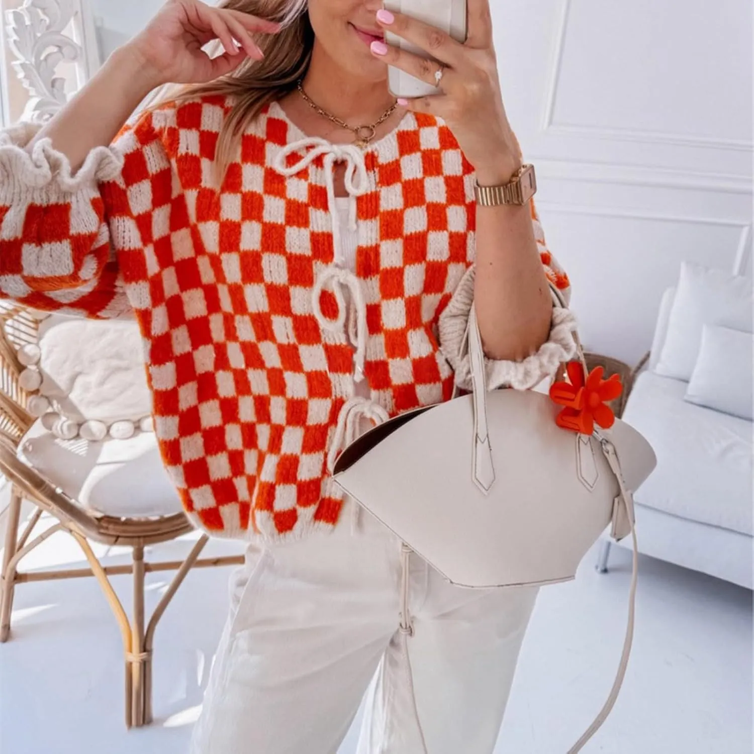 Women Y2K Tie Front Cardigan Sweater Ruffle Short Sleeve Checkered Open Front Knit Sweater Cute Loose Knitwear Tops