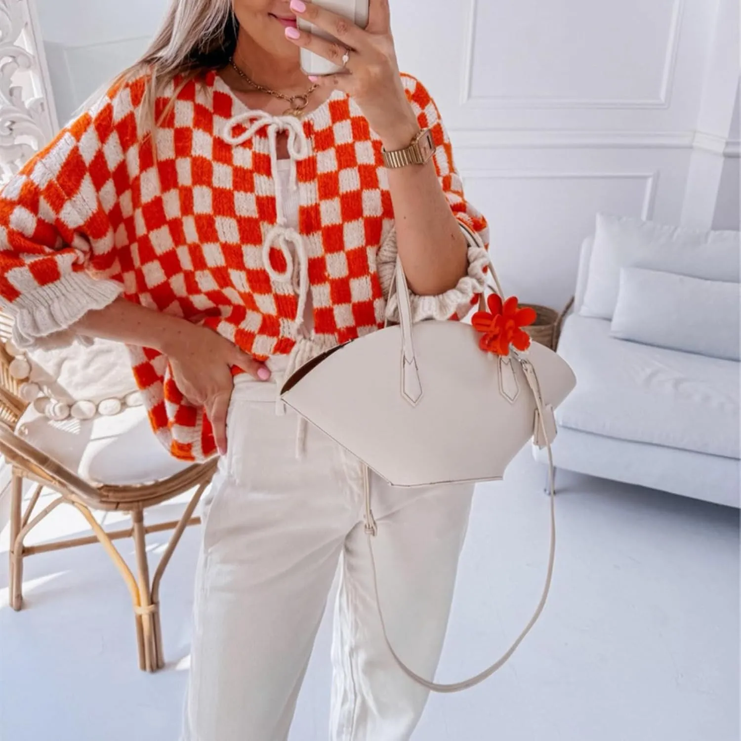 Women Y2K Tie Front Cardigan Sweater Ruffle Short Sleeve Checkered Open Front Knit Sweater Cute Loose Knitwear Tops