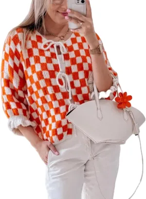 Women Y2K Tie Front Cardigan Sweater Ruffle Short Sleeve Checkered Open Front Knit Sweater Cute Loose Knitwear Tops