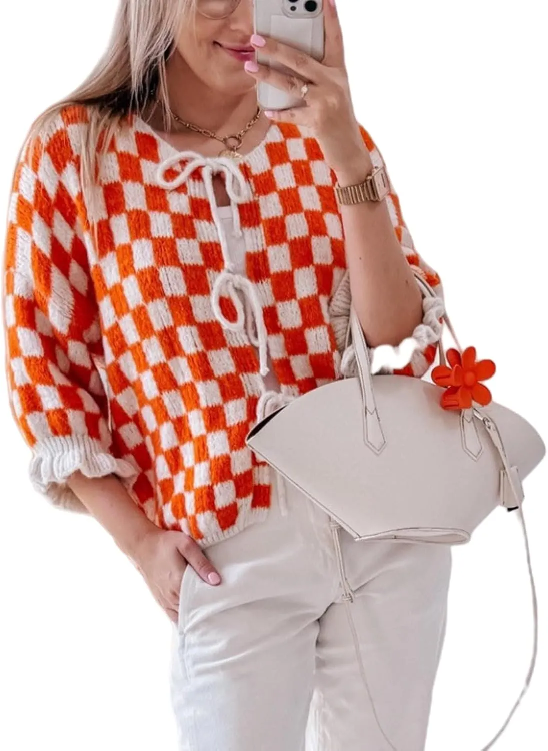 Women Y2K Tie Front Cardigan Sweater Ruffle Short Sleeve Checkered Open Front Knit Sweater Cute Loose Knitwear Tops