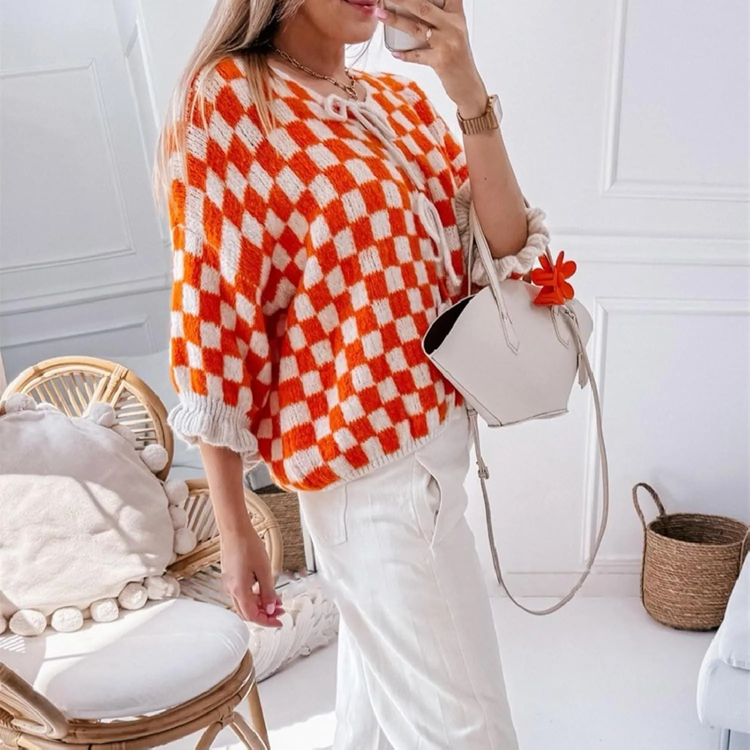 Women Y2K Tie Front Cardigan Sweater Ruffle Short Sleeve Checkered Open Front Knit Sweater Cute Loose Knitwear Tops