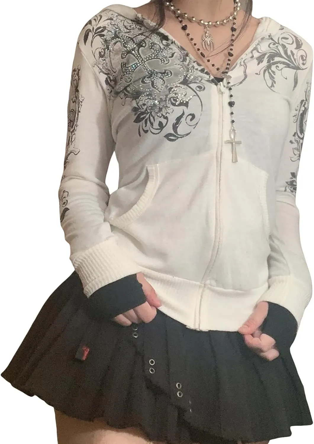 Women Y2k Zip Up Cropped Hoodie Vintage Graphic Oversized Hooded Sweatshirt Jacket with Pockets Teen Girl Fall Coat