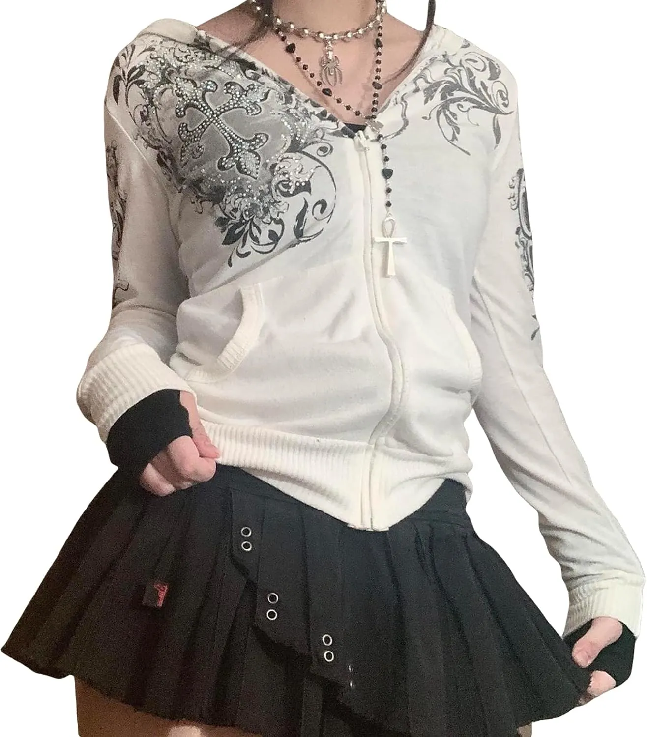 Women Y2k Zip Up Cropped Hoodie Vintage Graphic Oversized Hooded Sweatshirt Jacket with Pockets Teen Girl Fall Coat