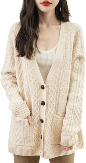 Women's 100% Merino Wool Sweater 2025 Fall Winter V Neck Long Sleeve Vintage Cable Knitted Cardigan Sweater