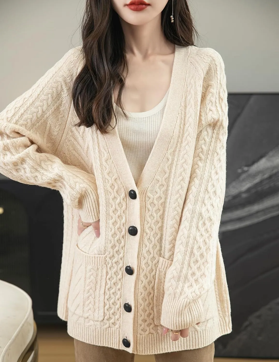 Women's 100% Merino Wool Sweater 2025 Fall Winter V Neck Long Sleeve Vintage Cable Knitted Cardigan Sweater