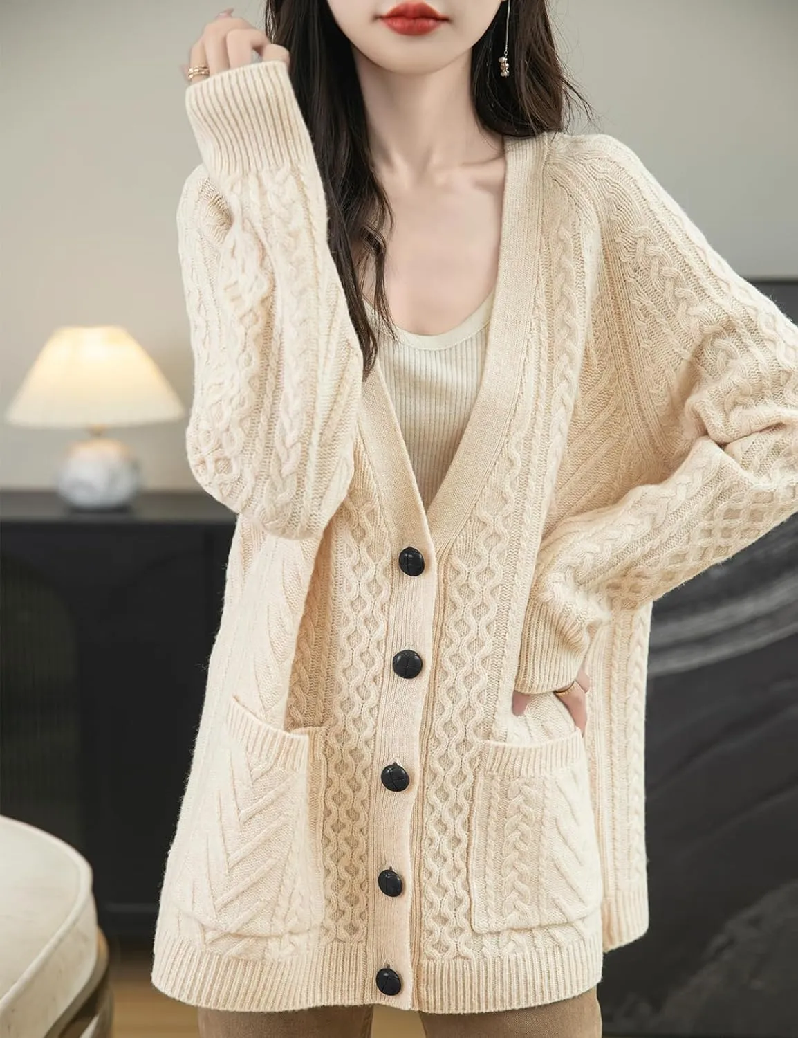 Women's 100% Merino Wool Sweater 2025 Fall Winter V Neck Long Sleeve Vintage Cable Knitted Cardigan Sweater