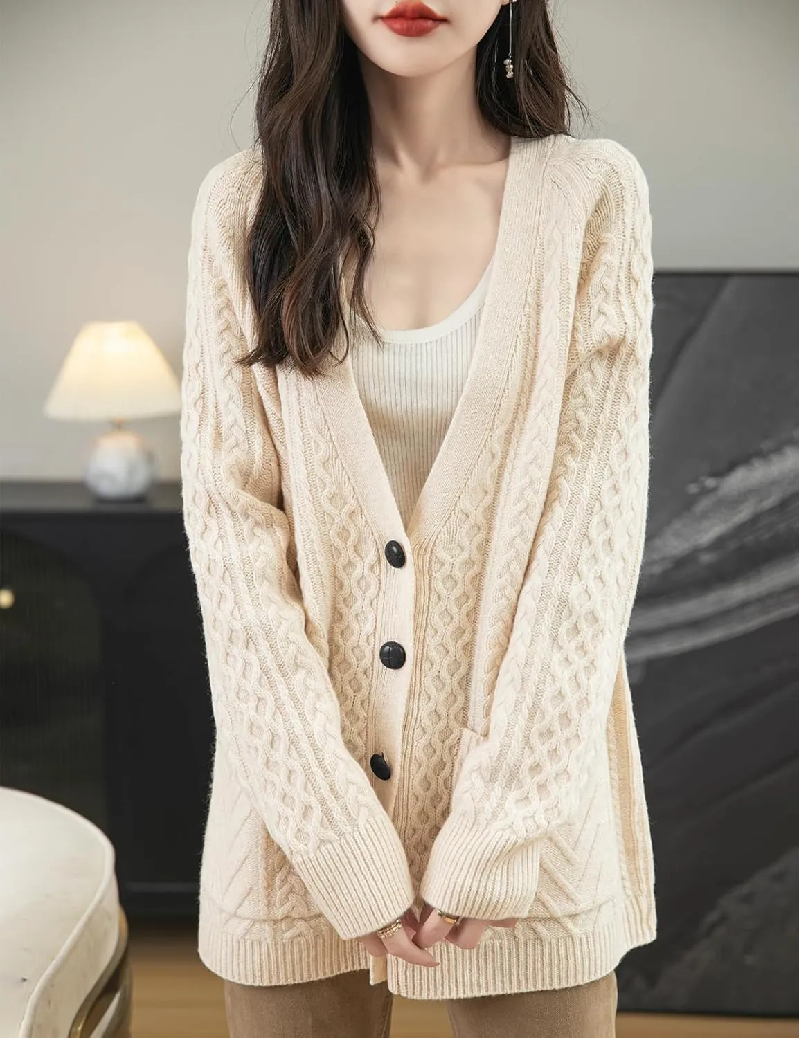 Women's 100% Merino Wool Sweater 2025 Fall Winter V Neck Long Sleeve Vintage Cable Knitted Cardigan Sweater
