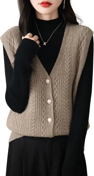 Women's 100% Merino Wool Sweater Vest 2025 Fall Winter V Neck Button Down Sleeveless Cable Knit Sweater Vest