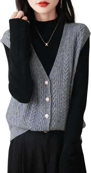 Women's 100% Merino Wool Sweater Vest 2025 Fall Winter V Neck Button Down Sleeveless Cable Knit Sweater Vest