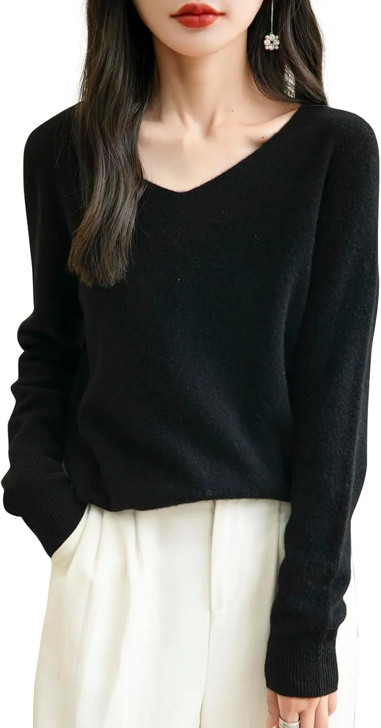 Women's 100% Merino Wool V Neck Sweater 2025 First-Line Ready to Wear Casual Long Sleeve Seamless Knit Sweater