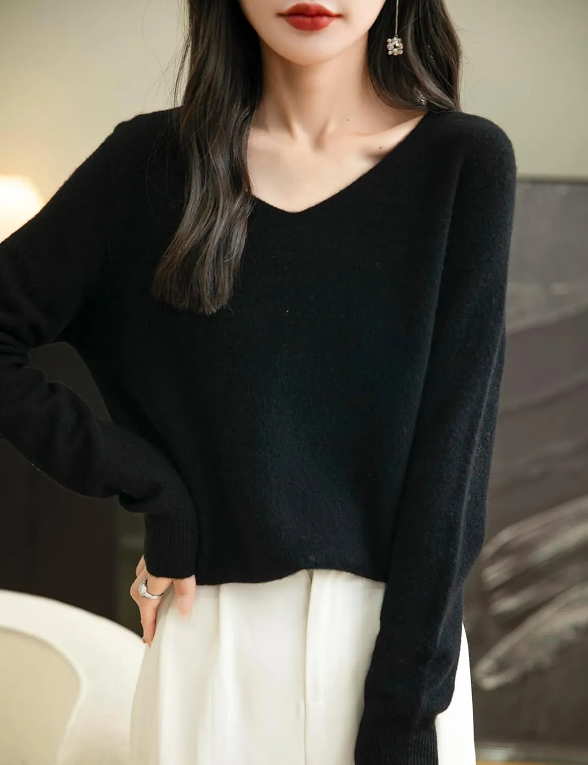 Women's 100% Merino Wool V Neck Sweater 2025 First-Line Ready to Wear Casual Long Sleeve Seamless Knit Sweater