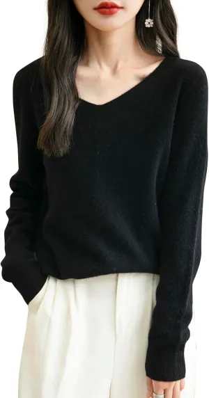 Women's 100% Merino Wool V Neck Sweater 2025 First-Line Ready to Wear Casual Long Sleeve Seamless Knit Sweater