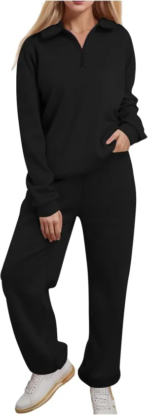 Womens 2 Piece Outfits Lounge Half Zip Hoodie Sweatsuit Sets Oversized Sweatshirt Baggy Fall Fashion Sweatpants A-Black