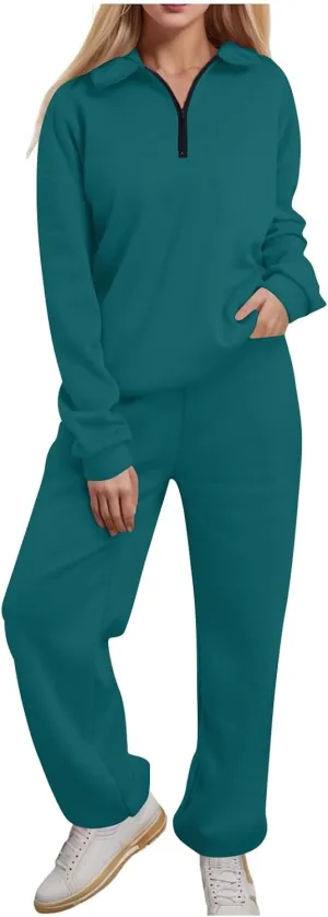 Womens 2 Piece Outfits Lounge Half Zip Hoodie Sweatsuit Sets Oversized Sweatshirt Baggy Fall Fashion Sweatpants A-Blue