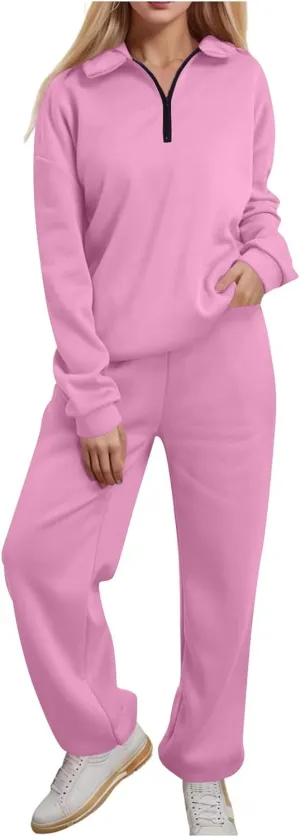 Womens 2 Piece Outfits Lounge Half Zip Hoodie Sweatsuit Sets Oversized Sweatshirt Baggy Fall Fashion Sweatpants A-Pink