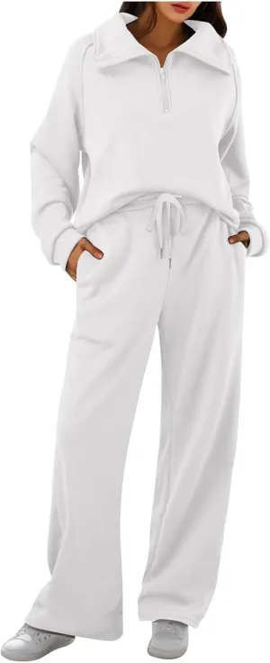 Womens 2 Piece Outfits Lounge Half Zip Hoodie Sweatsuit Sets Oversized Sweatshirt Baggy Fall Fashion Sweatpants White