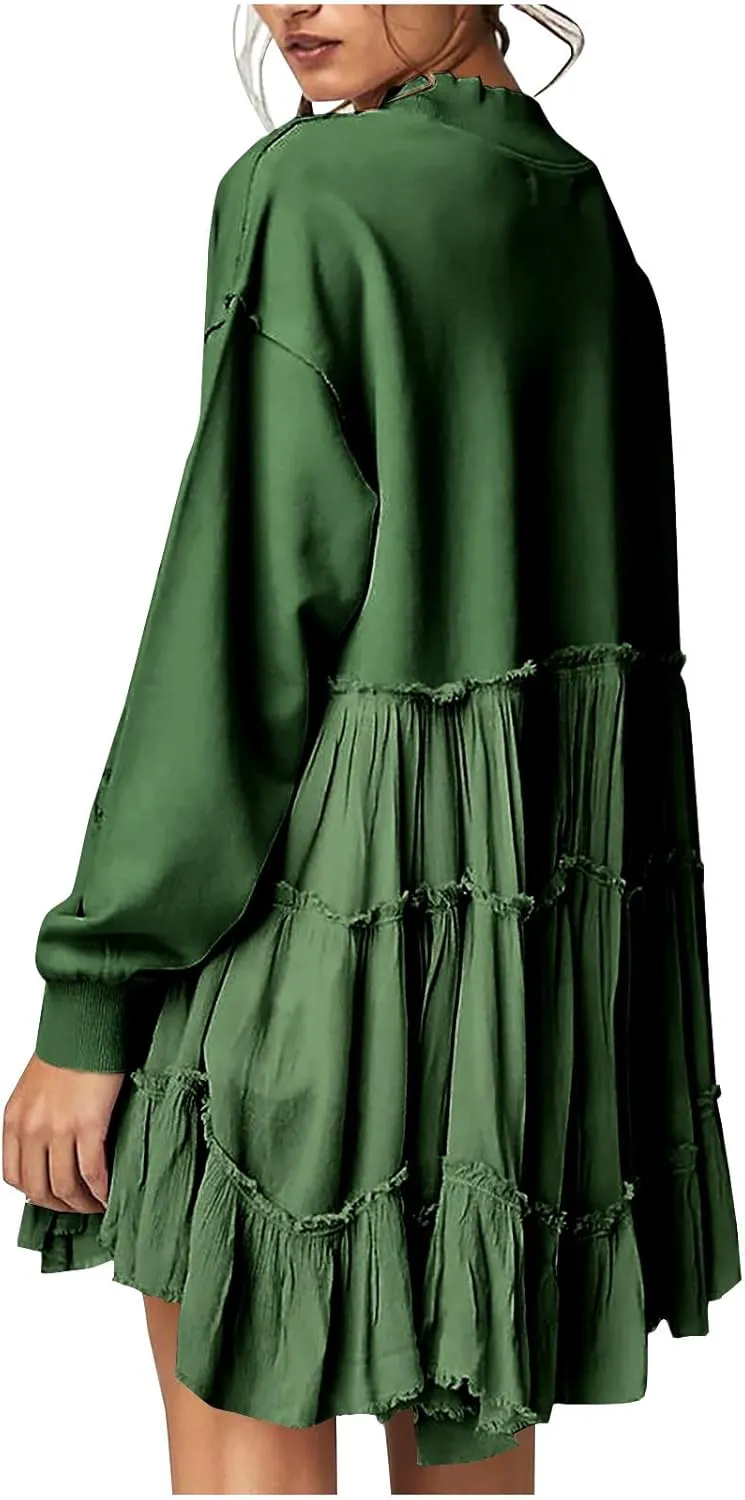 Women's 2024 Fall Winter Flowy Oversized Sweatshirt Mini Dress Casual Long Sleeve Ruffle Hem Patchwork Pleated Dresses