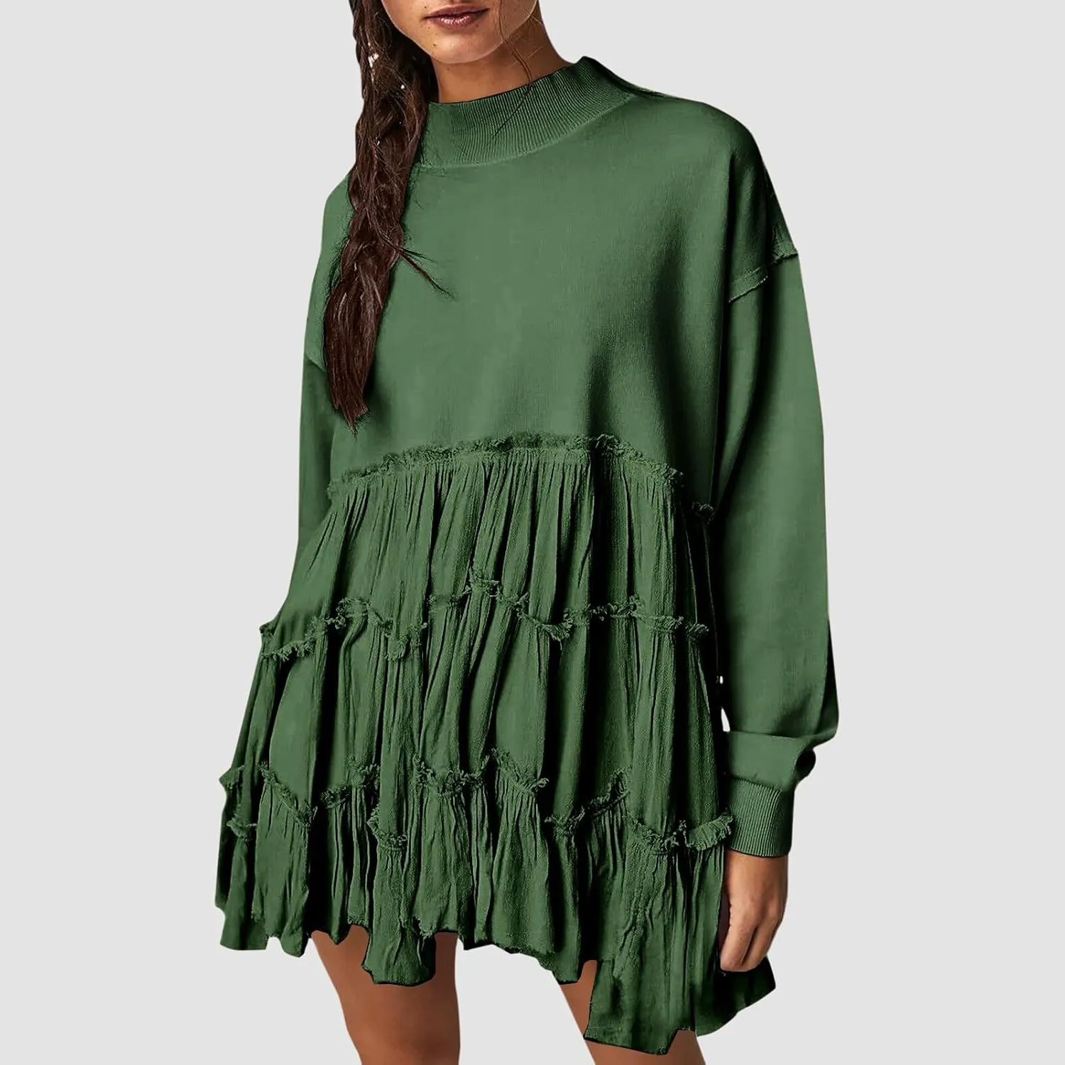 Women's 2024 Fall Winter Flowy Oversized Sweatshirt Mini Dress Casual Long Sleeve Ruffle Hem Patchwork Pleated Dresses