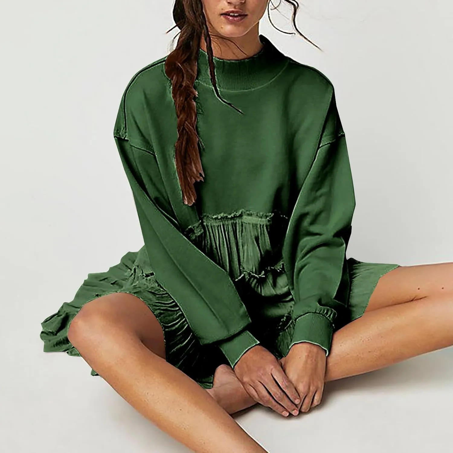 Women's 2024 Fall Winter Flowy Oversized Sweatshirt Mini Dress Casual Long Sleeve Ruffle Hem Patchwork Pleated Dresses