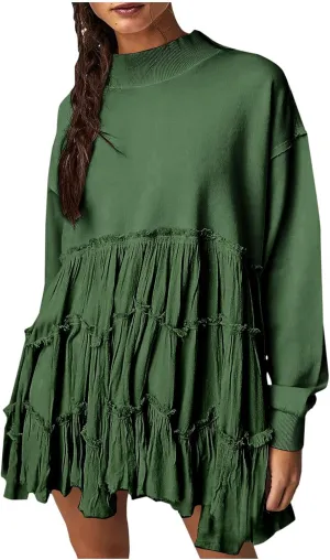 Women's 2024 Fall Winter Flowy Oversized Sweatshirt Mini Dress Casual Long Sleeve Ruffle Hem Patchwork Pleated Dresses