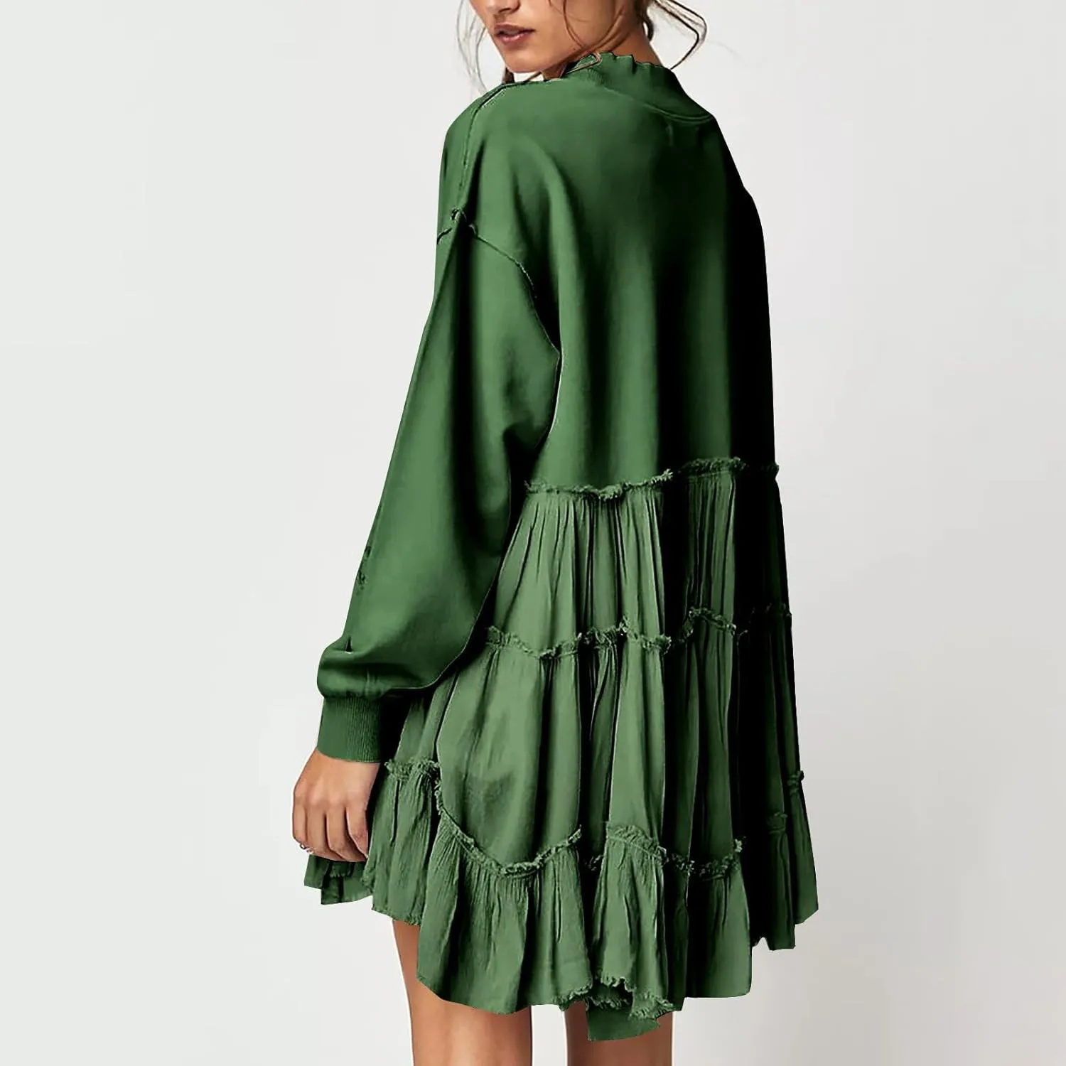 Women's 2024 Fall Winter Flowy Oversized Sweatshirt Mini Dress Casual Long Sleeve Ruffle Hem Patchwork Pleated Dresses