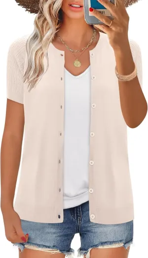 Women's 2025 Short Sleeve Cardigan Button Up Hollowed Out Crewneck Shrug Sweaters Knit Sweater Tops Lightweight