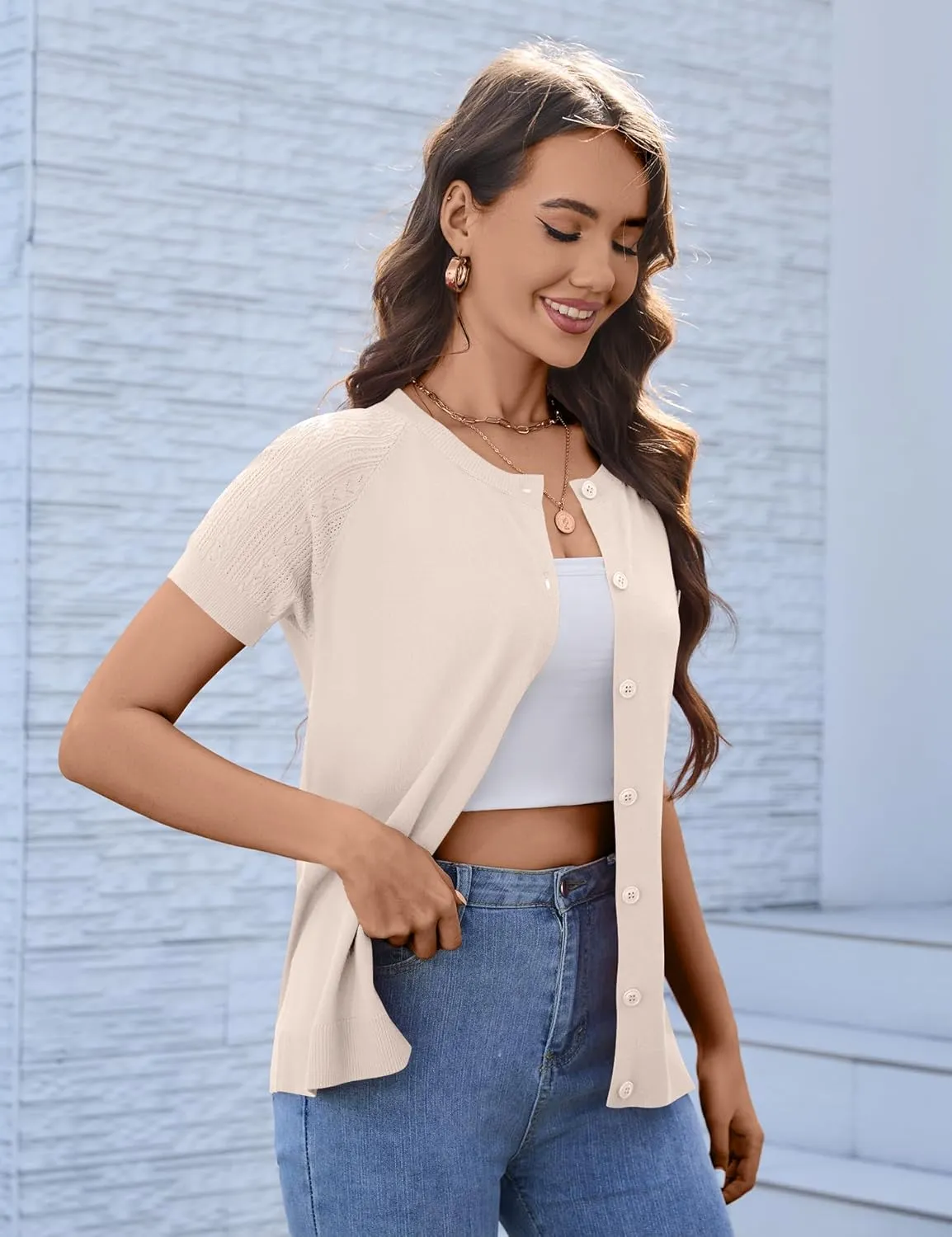 Women's 2025 Short Sleeve Cardigan Button Up Hollowed Out Crewneck Shrug Sweaters Knit Sweater Tops Lightweight