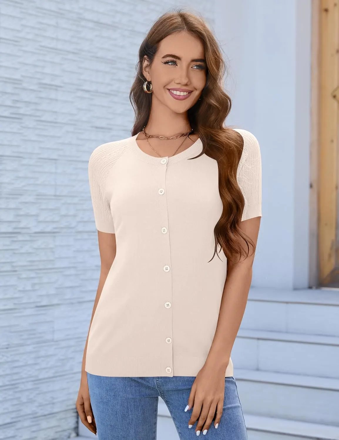 Women's 2025 Short Sleeve Cardigan Button Up Hollowed Out Crewneck Shrug Sweaters Knit Sweater Tops Lightweight