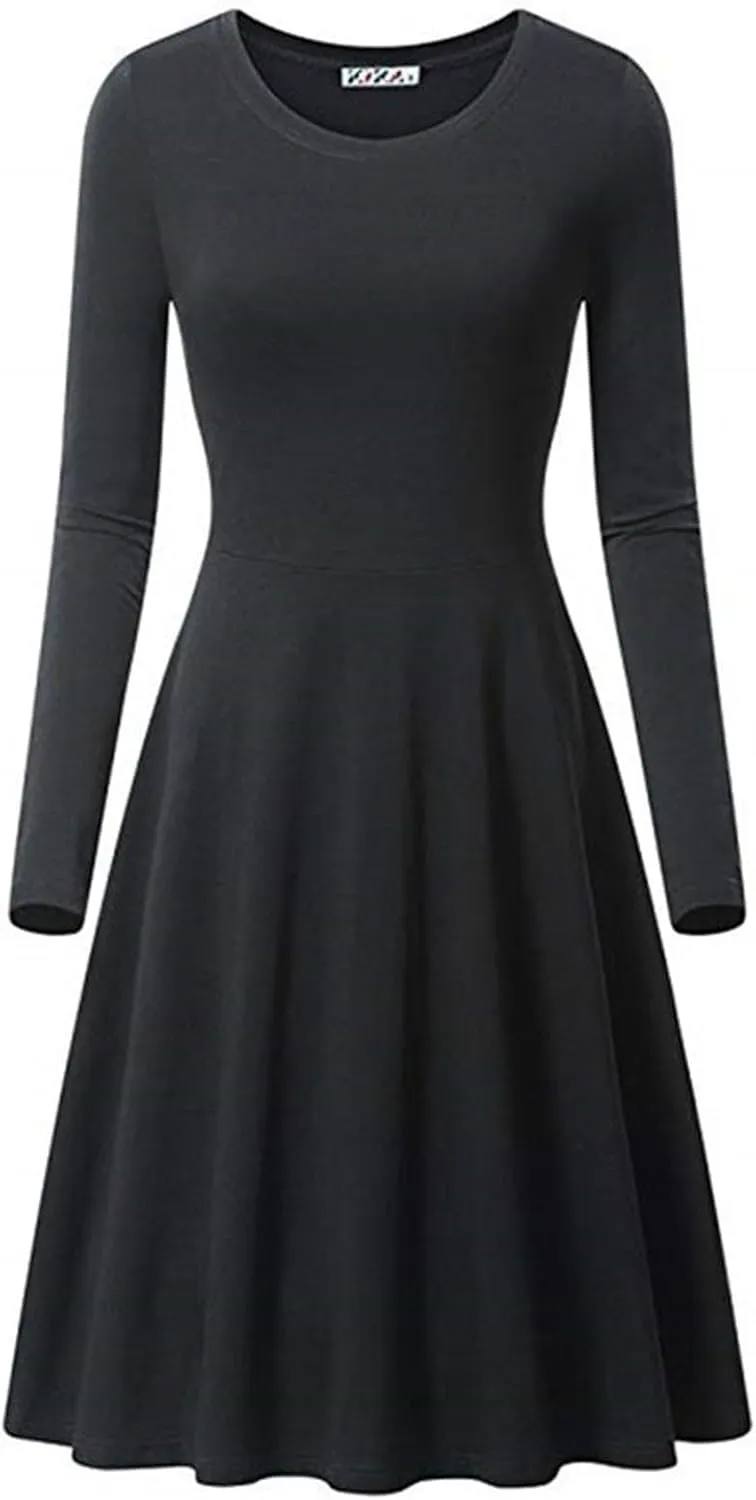Womens 2025 Trendy Dresses Crew Neck Long Sleeve A Line Loose Casual Midi Dress Solid Coloer Swing Plus Size Dress