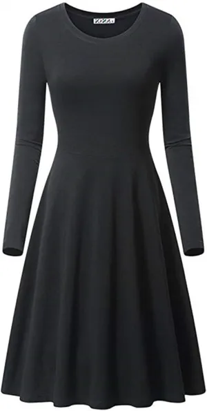 Womens 2025 Trendy Dresses Crew Neck Long Sleeve A Line Loose Casual Midi Dress Solid Coloer Swing Plus Size Dress