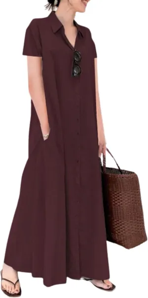 Womens Boho Cotton Maxi Dress V Neck Button Down Kaftan Shirt Dress Long Sleeve Dresses with Pockets Plus Size
