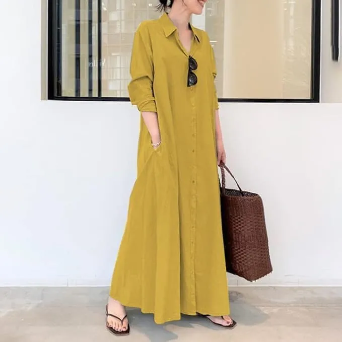 Womens Boho Cotton Maxi Dress V Neck Button Down Kaftan Shirt Dress Long Sleeve Dresses with Pockets Plus Size