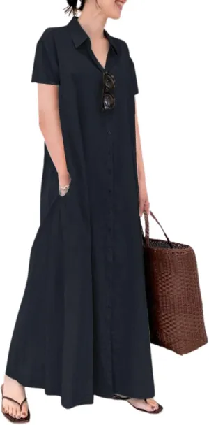 Womens Boho Cotton Maxi Dress V Neck Button Down Kaftan Shirt Dress Long Sleeve Dresses with Pockets Plus Size
