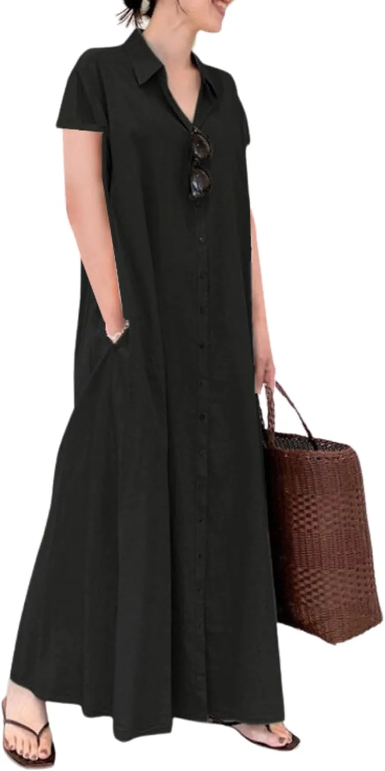 Womens Boho Cotton Maxi Dress V Neck Button Down Kaftan Shirt Dress Long Sleeve Dresses with Pockets Plus Size